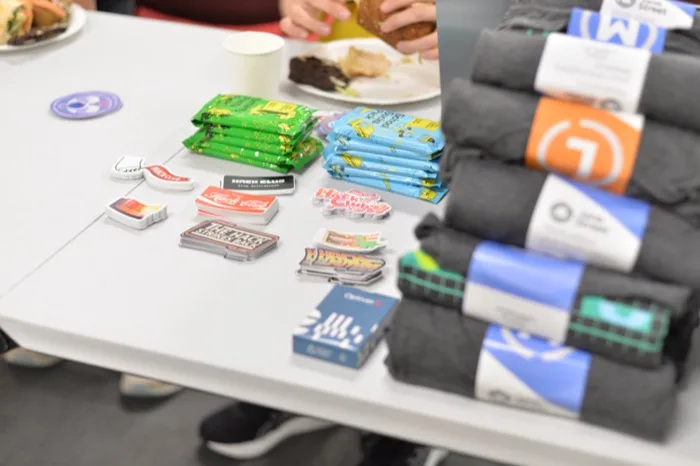 A spread of snacks and merch