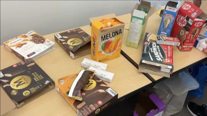 Boxes of snacks laid out on a table